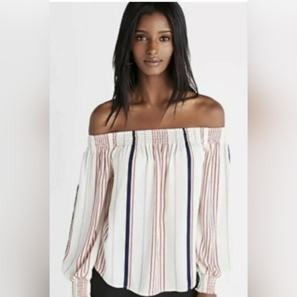 Express Red and Blue Striped Off-Shoulder Blouse